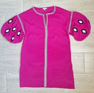 TCEC Fuschia Puff Sleeved Embroidered Short Sleeved Dress Size Small Lightweight